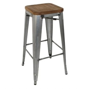 Silver Tolix Bar Stool with Wood Seat